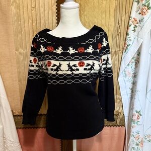 Unique Vintage Black and White Crew Neck Sweater with Halloween Pattern